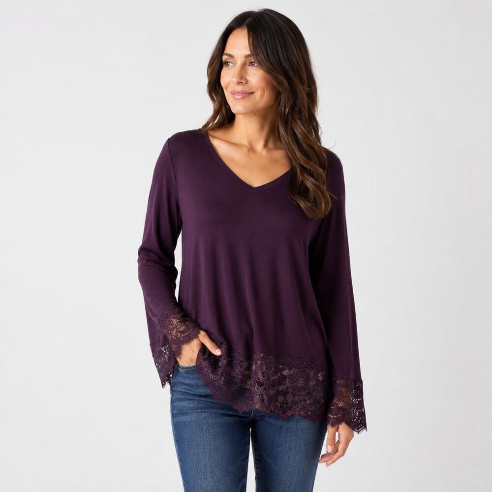 Adrianna Papell Purple Lace Trim V Neck Top Women M Long Sleeve Romantic Boho